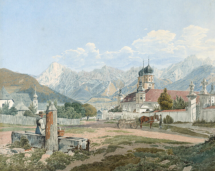 Dorf vor Bergkulisse, Kirche mit zwei Türmen