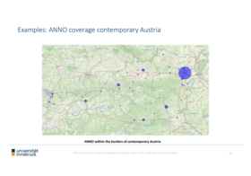 Eine Landkarte, die Österreich zeigt, viele Punkte sind lila markiert, am meisten bei Wien. Titel "Examples: ANNO coverage contemporary Austria"