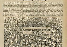 Alte Zeitung mit dem Titel „Frauen für ihr Recht“ in Frakturschrift. Mittig Illustration einer Frauendemo.