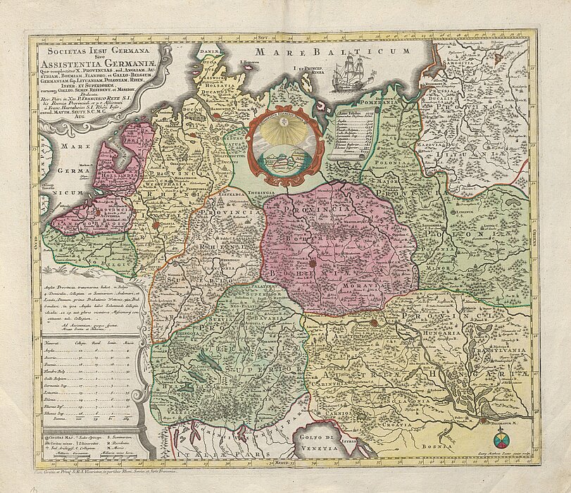 Alte Landkarte mit pink, grün und gelb markierten Bereichen.