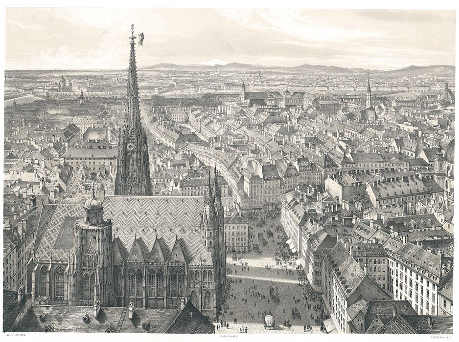 Zeichnung von großer Kirche in Stadt.