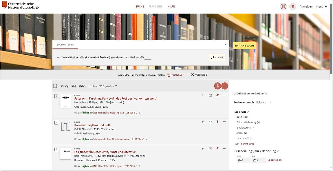 Screenshot einer Website mit Suchergebnissen in eine Katalog.