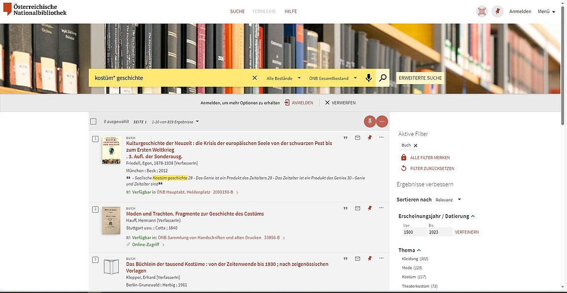 Screenshot einer Website mit Suchergebnissen in eine Katalog.