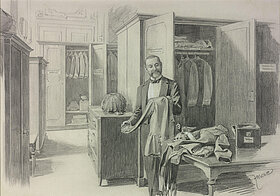 Der Kammerdiener Eugen Ketterl bei seiner Arbeit in der Uniformengarderobe Franz Josephs I.; Bleistiftzeichnung von Theodor Zasche vor 1898