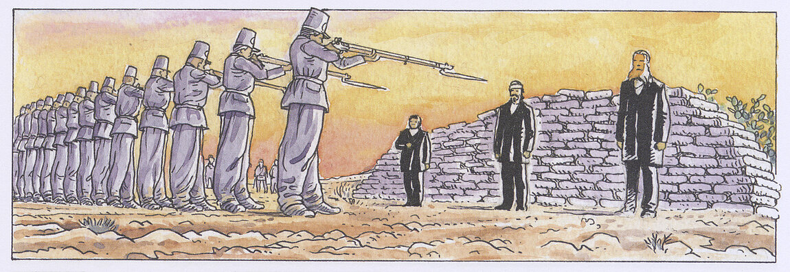 Comicstrip, der darstellt, wie eine Reihe an Soldaten drei Männer mit Gewehren bedroht.