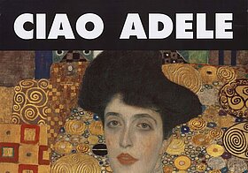 Gemälde mit Person in goldenem Kleid, Text "Ciao Adele".