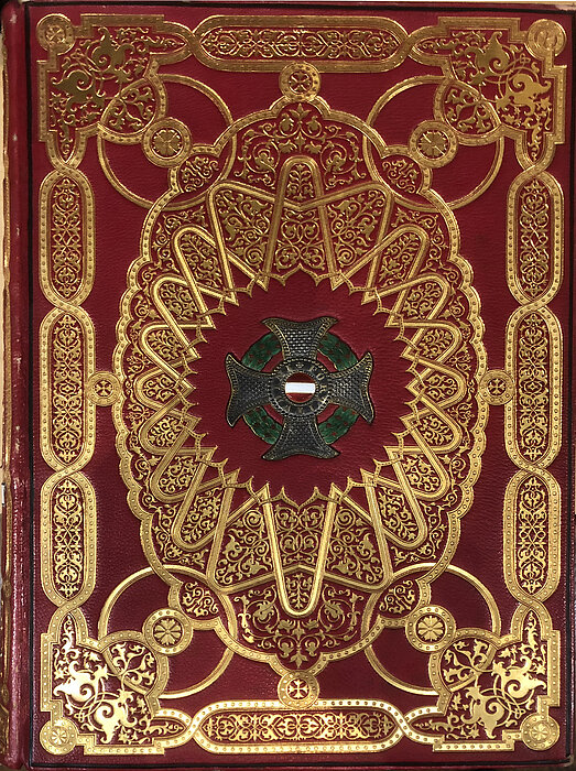 Prunkeinband mit kaiserlichem Wappen.