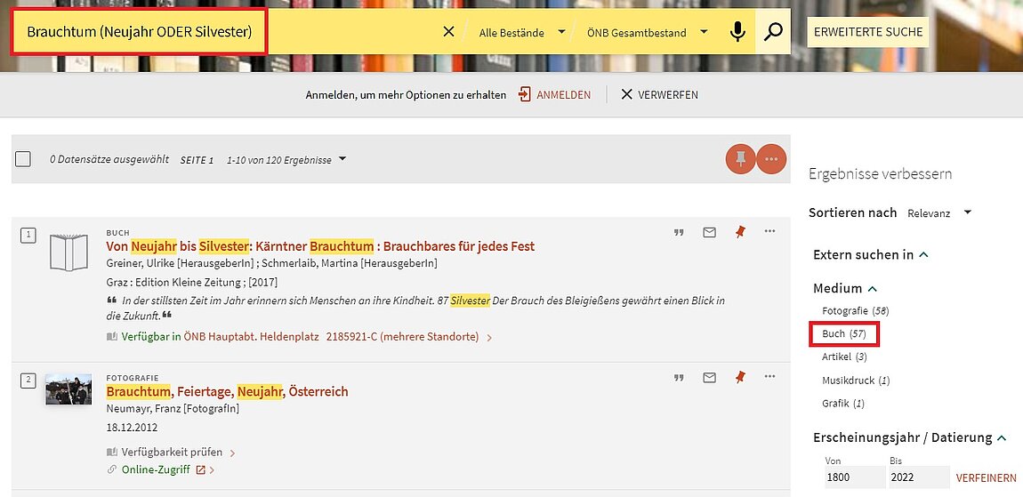 Screenshot einer Website mit Suchergebnissen, die Eingabe im Suchschlitz und "Buch" unterhalb von "Medium" sind rot markiert.