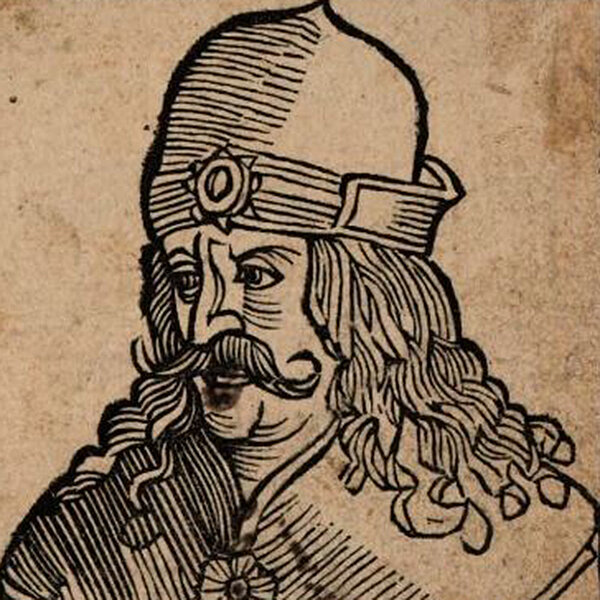 Holzschnitt von einem Mann mit gekräuseltem Schnurrbart, langen Haaren und Hut.