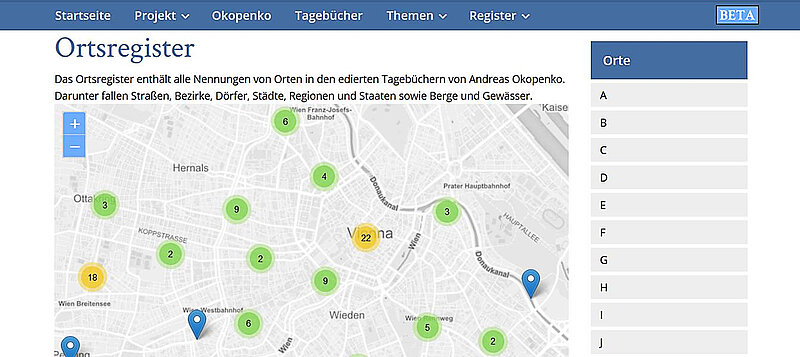 Screenshot Ortsregister, Wien-Karte mit Markierungen