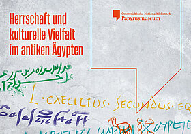 Plakat zur Ausstellung mit Betonwand, bemalt mit bunten Graffiti in verschiedenen antiken Sprachen