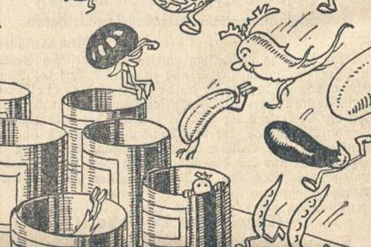 Illustration von Gemüse, das in Dosen hüpft