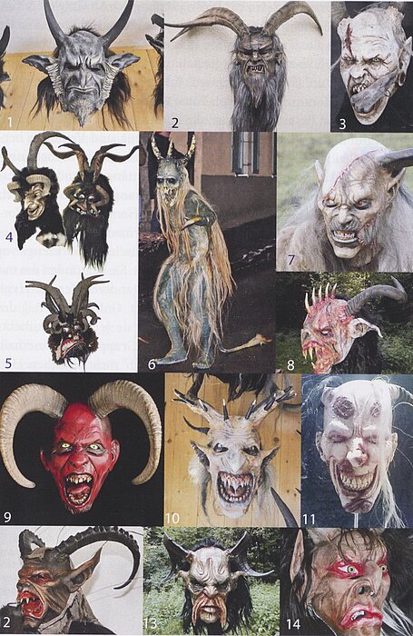 Collage aus 14 Fotos von Krampusmasken.
