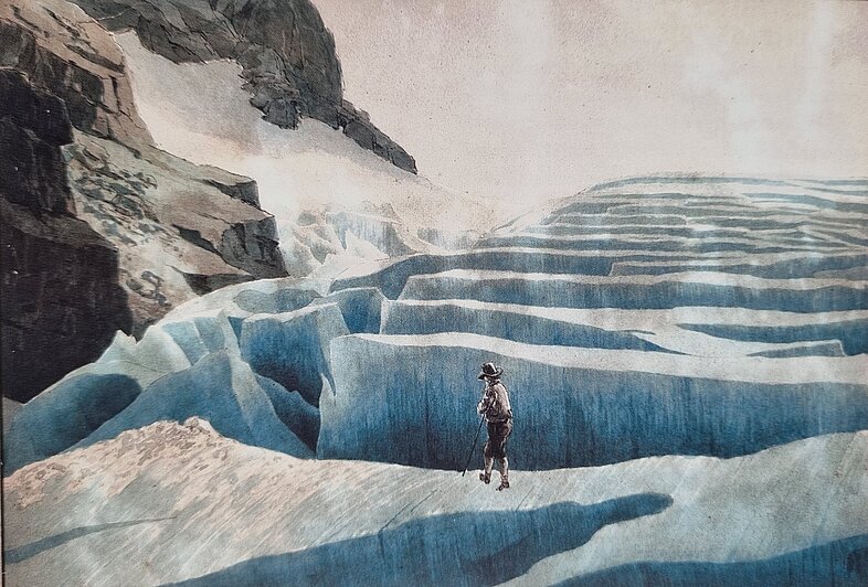 Aquarellzeichnung von Person, die auf Eis spazieren geht.