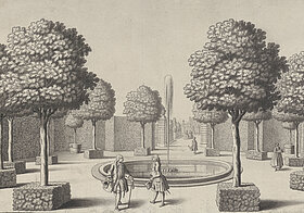 Kupferstich einer barocken Gartenanlage.