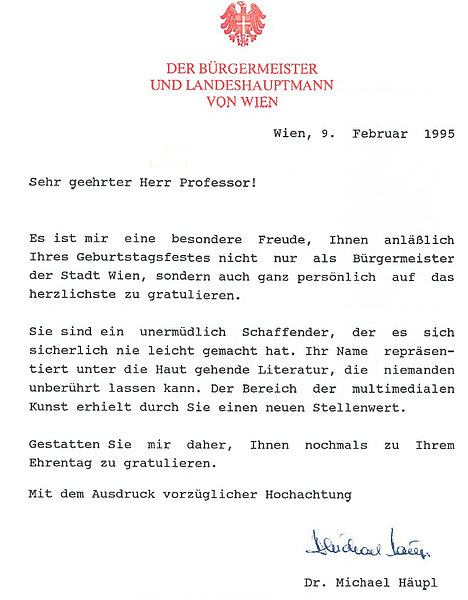 Schreiben vom Wiener Bürgermeister Michael Häupl zum 65. Geburtstag