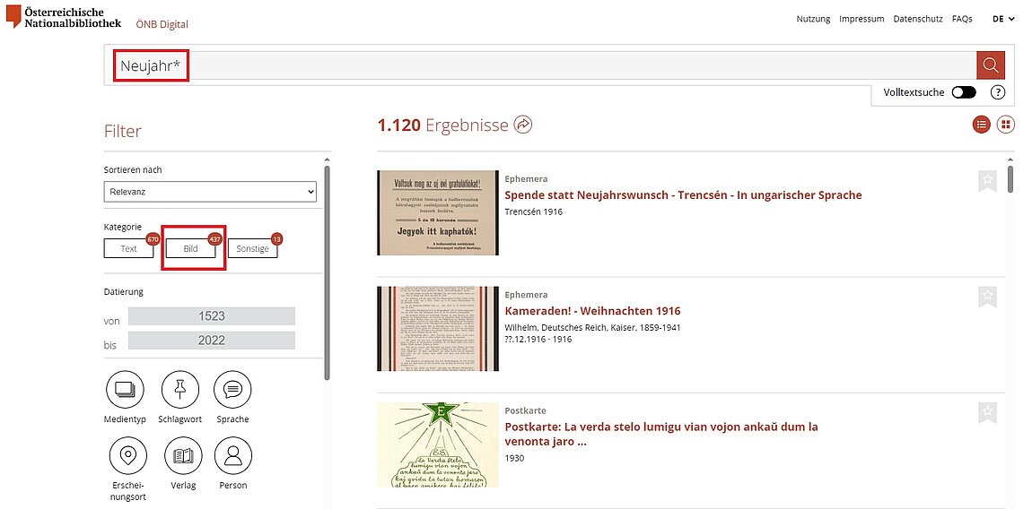 Screenshot einer Website mit Suchergebnissen, die Eingabe im Suchschlitz und "Bild" unterhalb von "Kategorie" sind rot markiert.