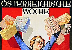 Werbeplakat mit Illustration von einer Person die viele Pakete hochhält, Text: Österreichische Woche, Kauft österreichische Waren!