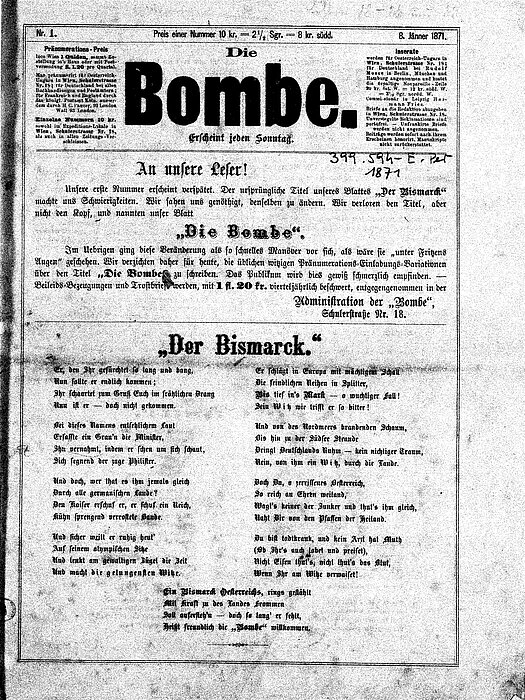 Alte Zeitungsseite mit Titel "Die Bombe", darunter Gedichte.