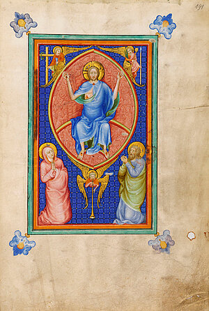 Christus in der Mandorla, angebetet von Maria und Johannes, umgeben von Engeln mit den Leidenswerkzeugen; Evangeliar des Johannes von Troppau, (Wien, ÖNB, Cod. 1182): Deesis Prag, um 1368 (oder später)