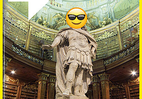 Karl VI. mit Smiley statt Kopf im Prunksaal am Cover des ÖNB Magazins 1/2018