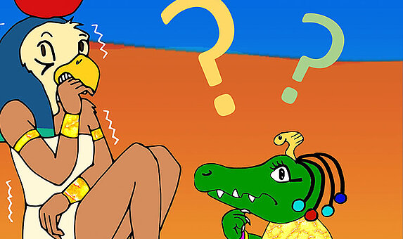 Grafik von einer Person und einem Krokodil in ägyptischen Kostümen mit Fragezeichen