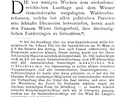 Fickert, Auguste: Das Frauenwahlrecht in Östereich; aus: Dokumente der Frauen, Bd. 1, Nr. 3, 15. April 1899, Seite 1-7