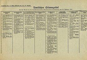 Official ballot paper for the election to the National Constituent Assembly on 16 February 1919