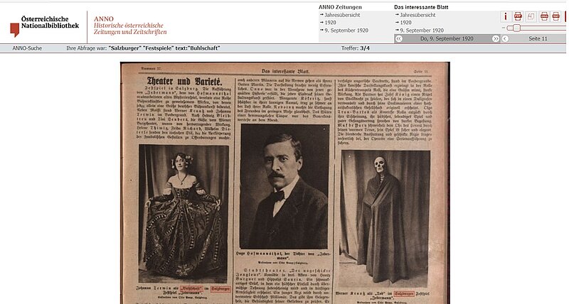 Drei Fotos in einer Zeitung: Frau in langem Kleid, ein Mann und jemand mit Umhang und Totenschädel