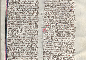 Handschrift auf mittelalterlichem Buch mit Zeichnung von einem Mönch beim Schreiben.