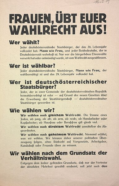 Frauen, übt euer Wahlrecht aus! Flugblatt des Deutschösterreichischen Vereins für Frauenstimmrecht, 1919, S. 1