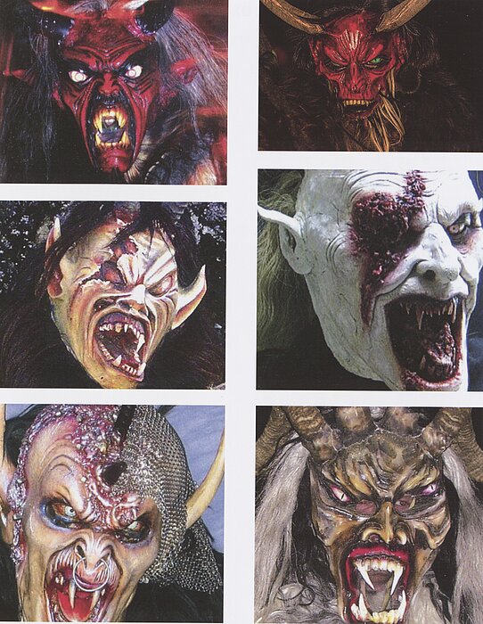 6 Fotos von hässlichen Krampusmasken.