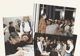 Vier Fotos von Ruth Klüger auf verschiedenen Lesungen mit begeistertem Publikum