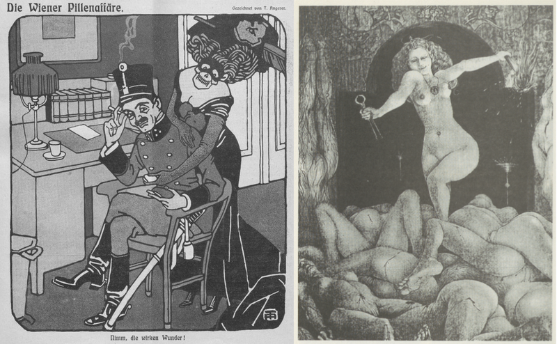Collage aus zwei Bildern: Links eine Zeichnung von einer Person in Uniform am Schreibtisch, hinter der eine Person in langem Kleid und einer Totenkopf-Maske steht. Rechts eine Zeichnung einer nackten Person die vergnügt über andere nackte Körper steigt.