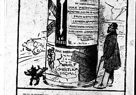 Werbesäule, Zeitschriftenillustration; aus: Der Floh, Sonderheft, 12. Jänner 1919, Seite 7