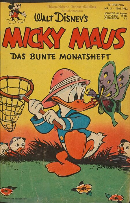 Titelblatt eines Micky Maus Magazins mit einer Ente, die versucht, einen übergroßen Schmetterling mit einem Netz zu fangen