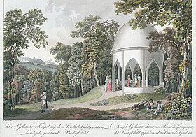 Kleiner, weißer Pavillon mit vielen Personen in einer grünen Landschaft.