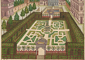 Federzeichnung eines symmetrischen Renaissancegarten, Häuser im Hintergrund