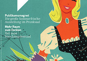 Zeichnung von blonder Frau in Tracht mit Blumenstrauß in der Hand am Cover des ÖNB Magazins 1/2012