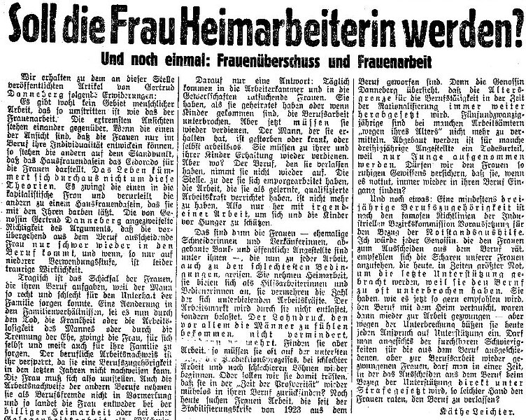Beitrag von Wilhelmine Moik und Käthe Leichter in der Arbeiter Zeitung, 16. März 1931