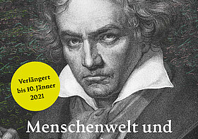 Werbeplakat mit schwarz-weißem Foto, im Hintergrund bunte Aufschrift "Beethoven"