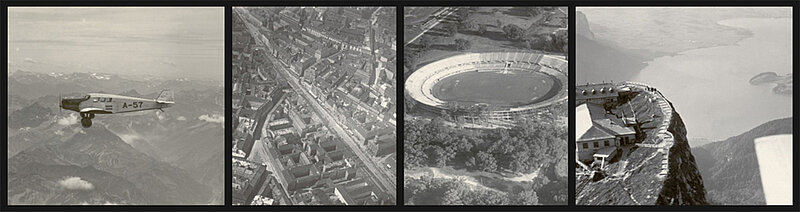 Alte Schwarzweißfotografie, Flugzeug, Vogelperspektive von Straßenzug, Stadion und See