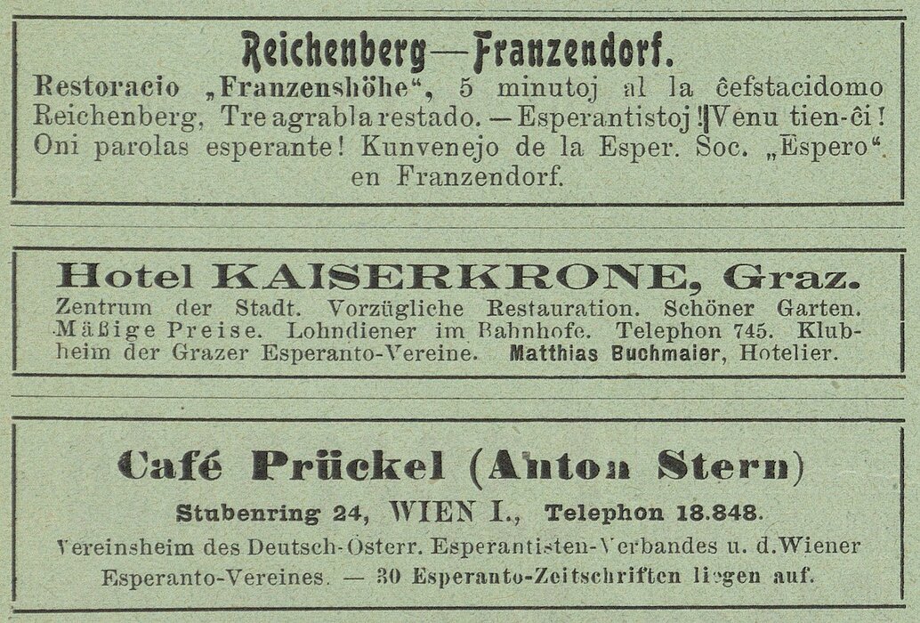 Drei alte Zeitungsanzeigen auf grünem Papier zu verschiedenen Lokalen in denen entweder Esperanto-Zeitungen aufliegen oder Esperanto-Vereine sitzen.