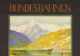 Illustration von Personen bei Bergsee, Text: Bundesbahnen Österreich