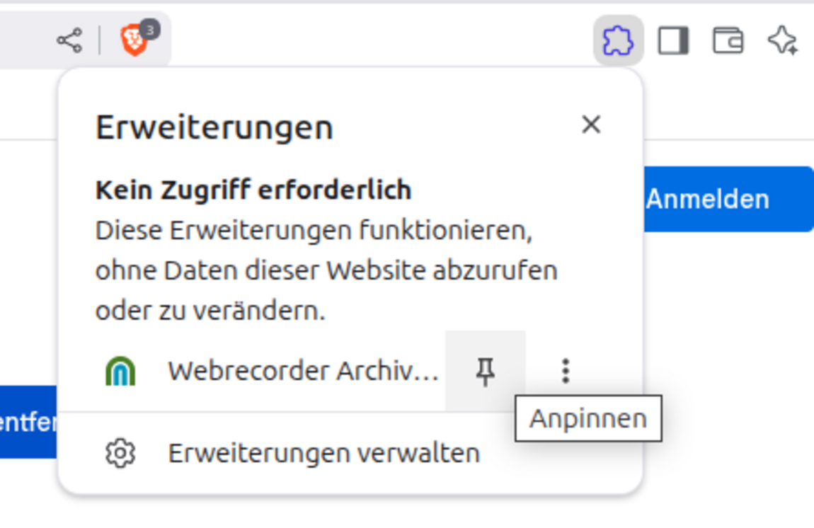 Screenshot der oberen Leiste in einem Browser, eine Erweiterung wird angepinnt.