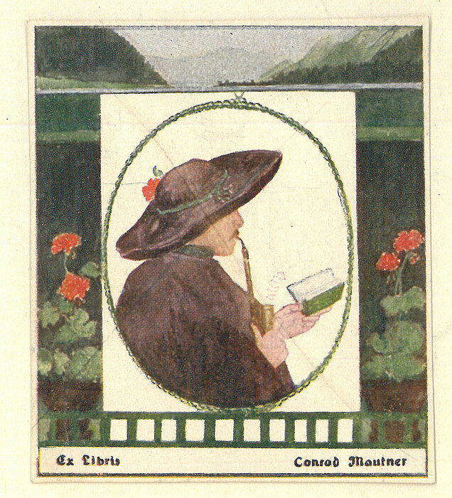 Zeichnung von Person mit Pfeife und großem Hut, Berglandschaft und roten Blumen.