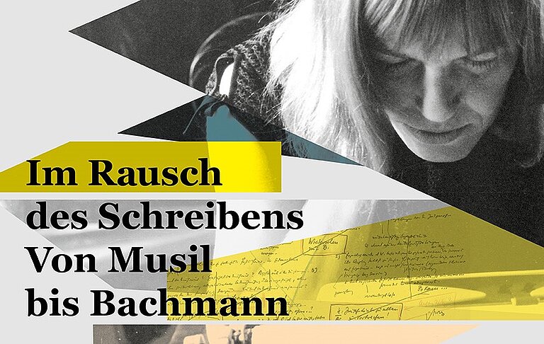Plakat zur Sonderausstellung Sonderausstellung Im Rausch des Schreibens. Ingeborg Bachmann lesend vorgebeugt. 