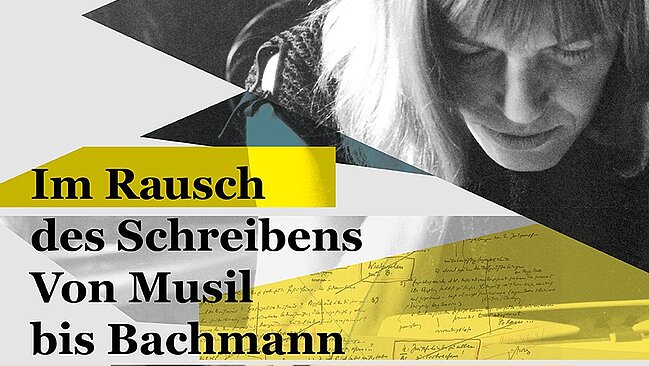 Plakat zur Sonderausstellung Sonderausstellung Im Rausch des Schreibens. Ingeborg Bachmann lesend vorgebeugt. 