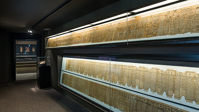 View of the two display cases with the metre-long scrolls of the Book of the Dead in the Papyrus Museum.