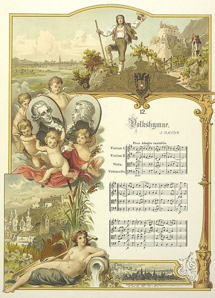 Zeichnung, Musiknoten, im Rahmen verschiedene Zeichnungen mit Joseph Haydn, Engelchen, Burgen und Bergen